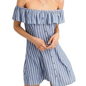 Hollister Striped Off-Shoulder Dress Blue White Button Down Cotton Linen Size M